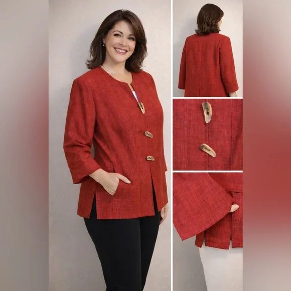 NWOT Anna Maxwell Red Textured Jacket w/ Wooden Buttons Plus Size 16WP - Picture 16 of 16
